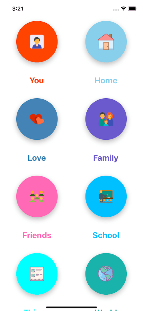 react native UI example. Home round colorful menu