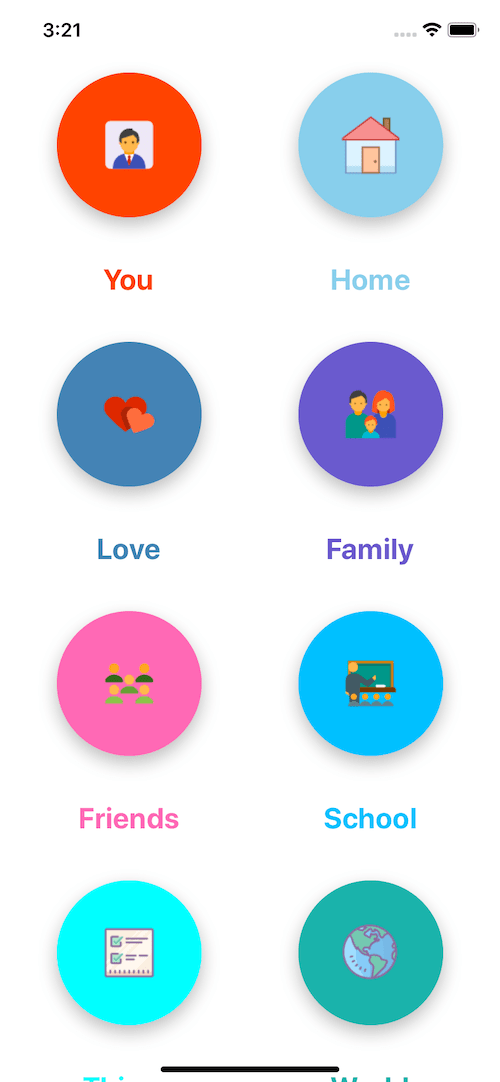 React native template. Home round colorful menu