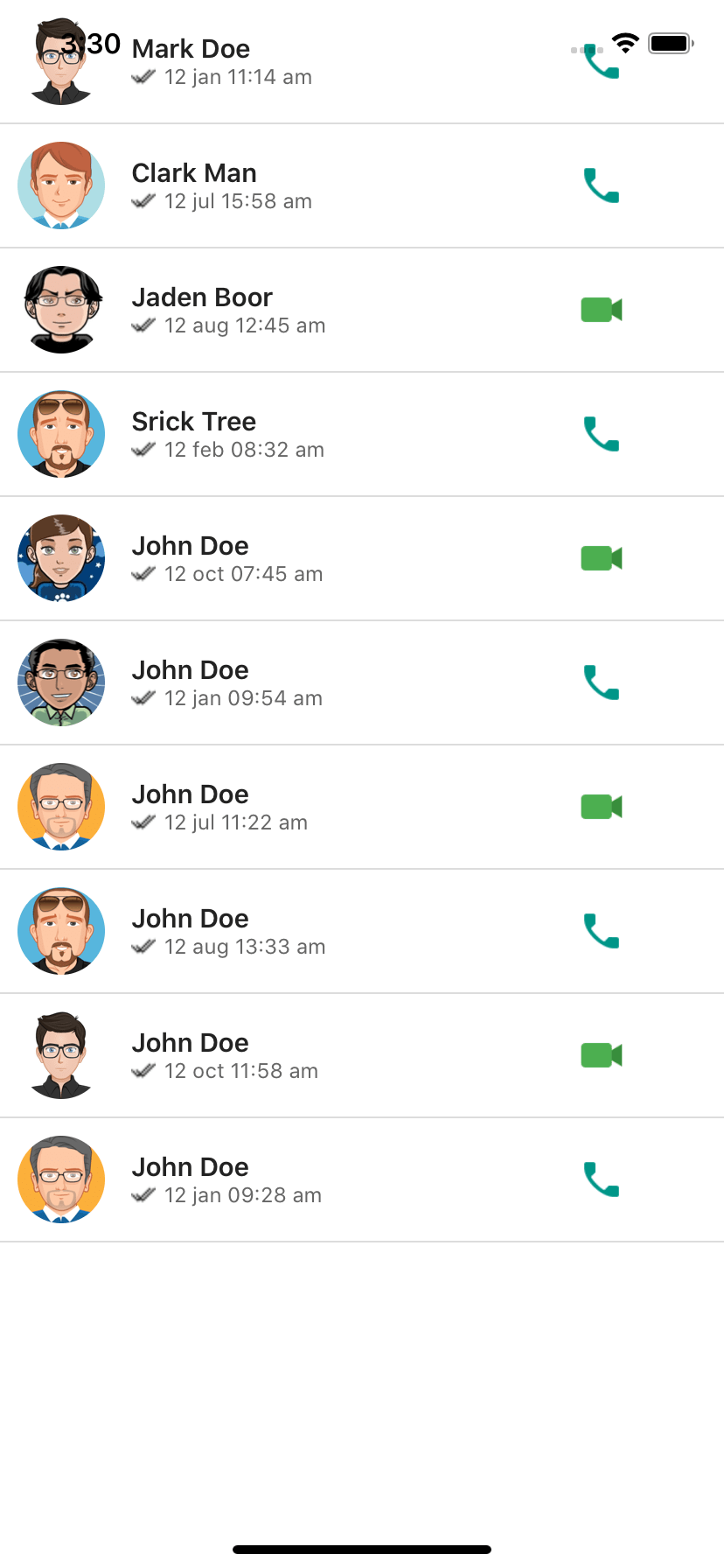 React native template. WhatsApp call list ui example