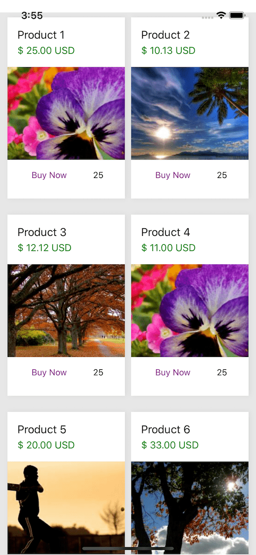 react native UI example. product store listing