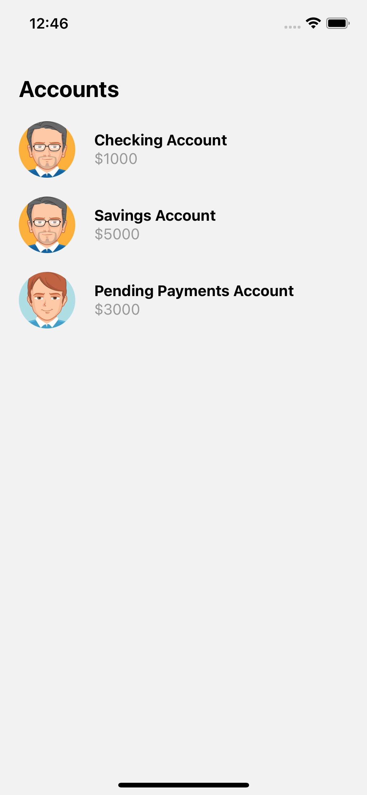 react native UI example. Payments account list