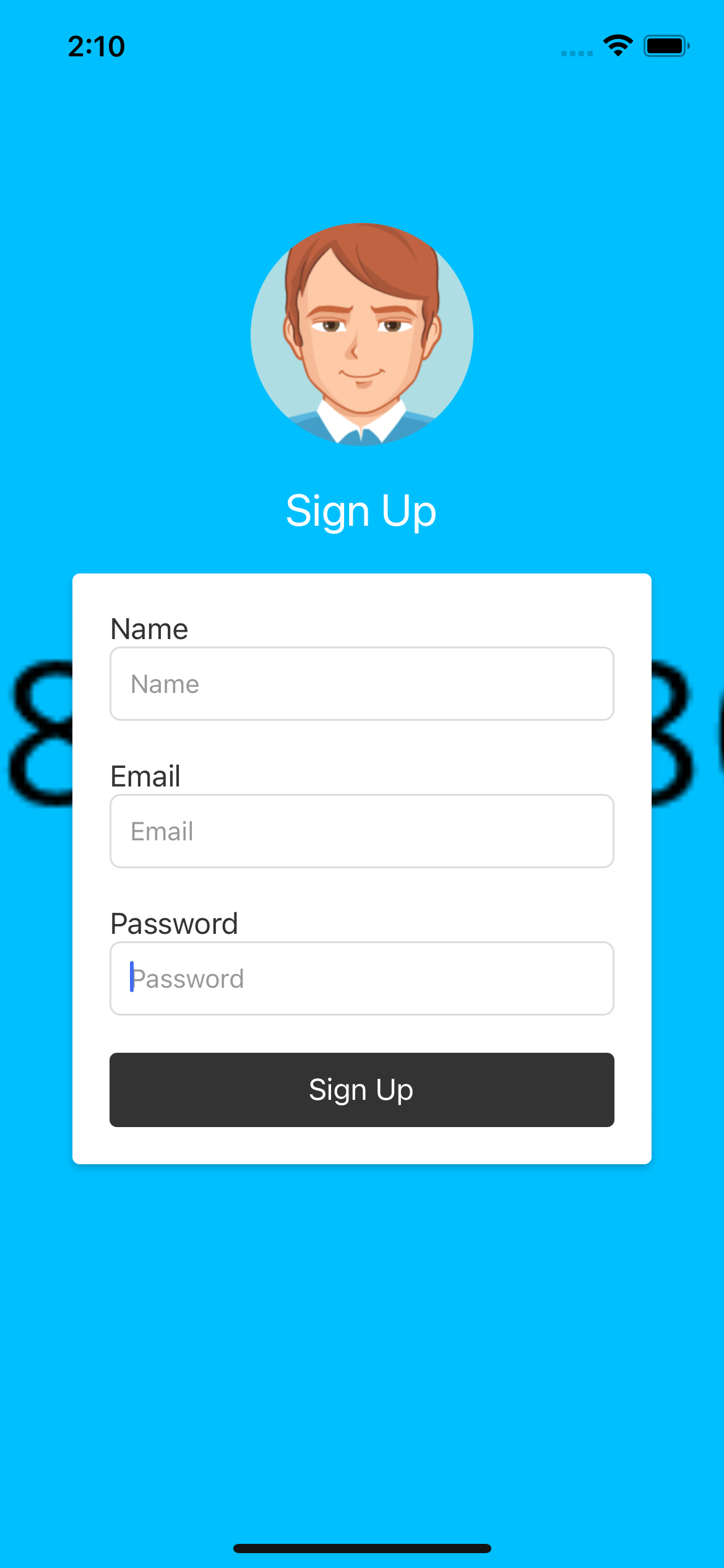 React native template. Sign up screen with background and logo