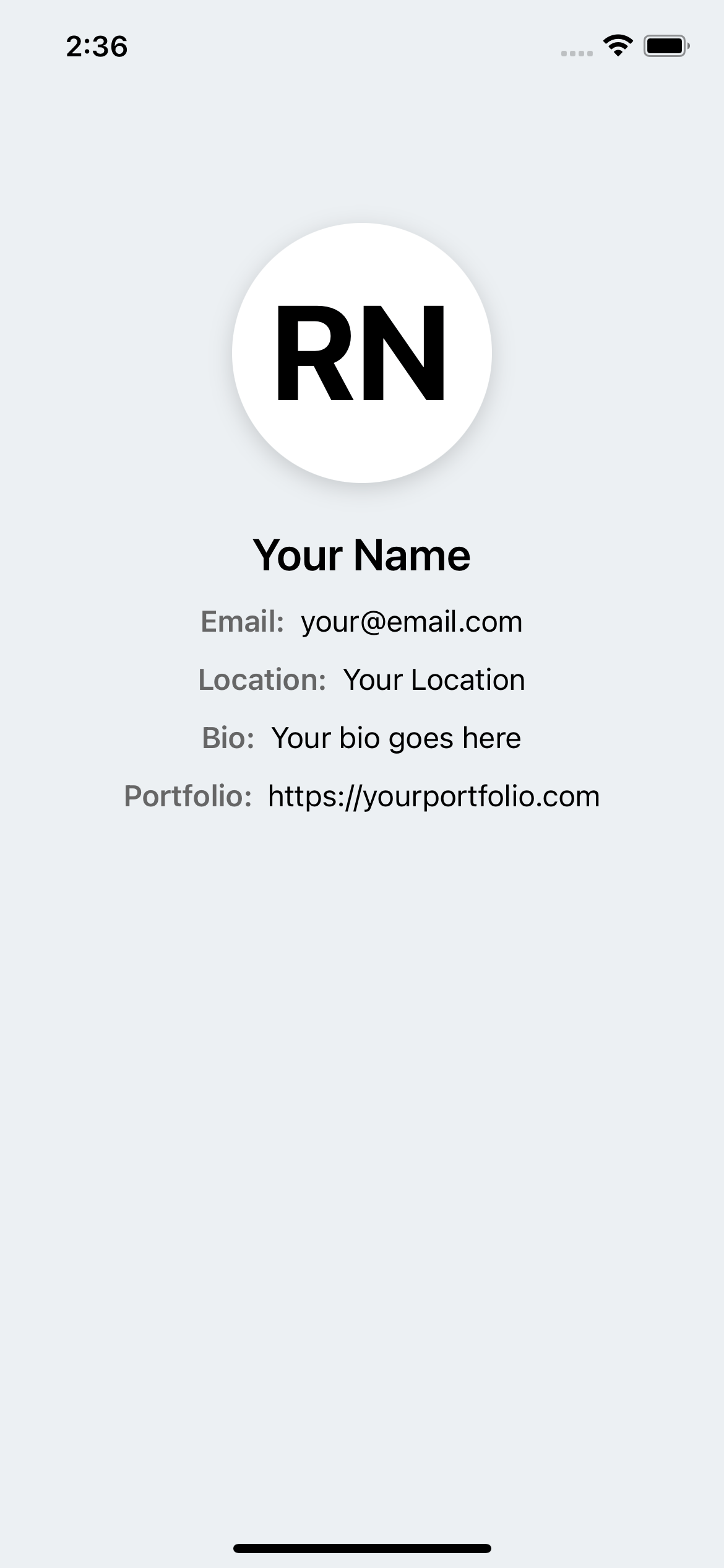 React native template. simple profile detail