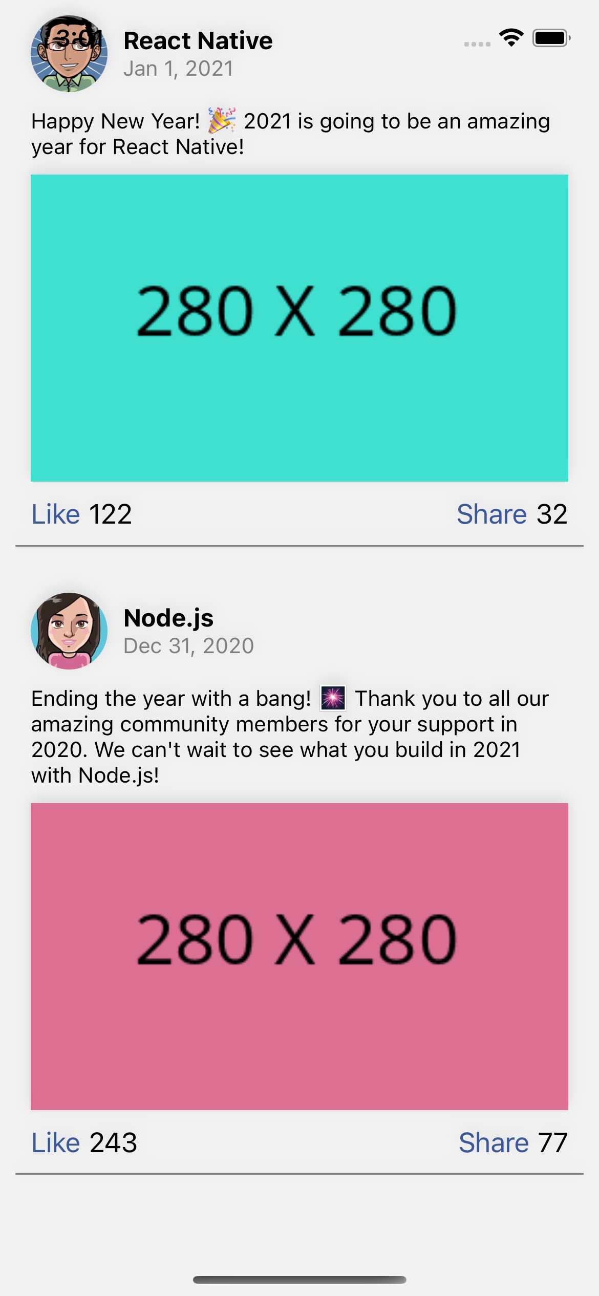 react native UI example. Home feed posts list social network