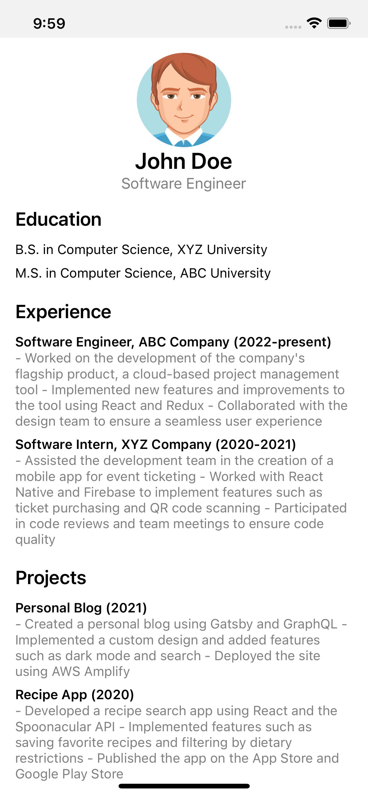 react native UI example. Simple resume view with education experience and project