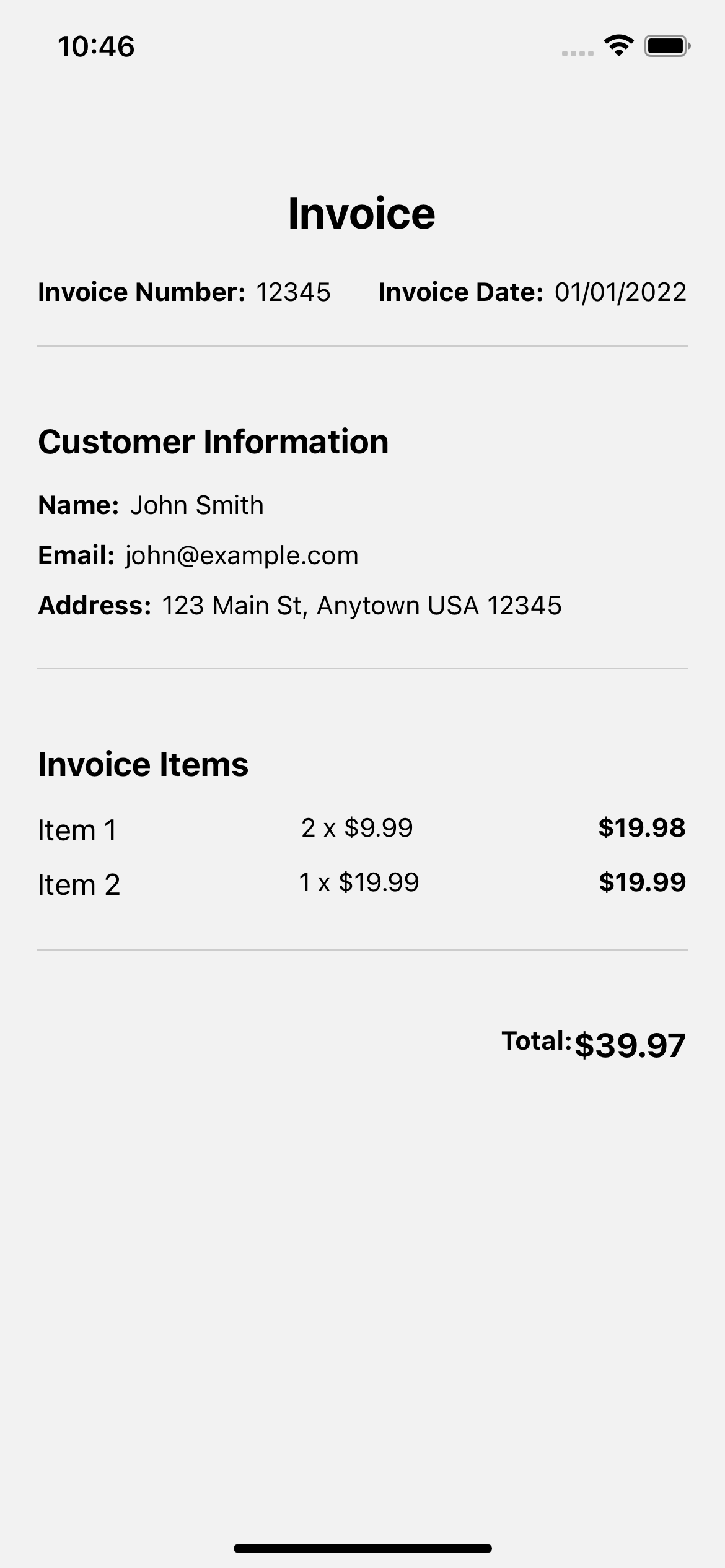 React native template. Invoice 