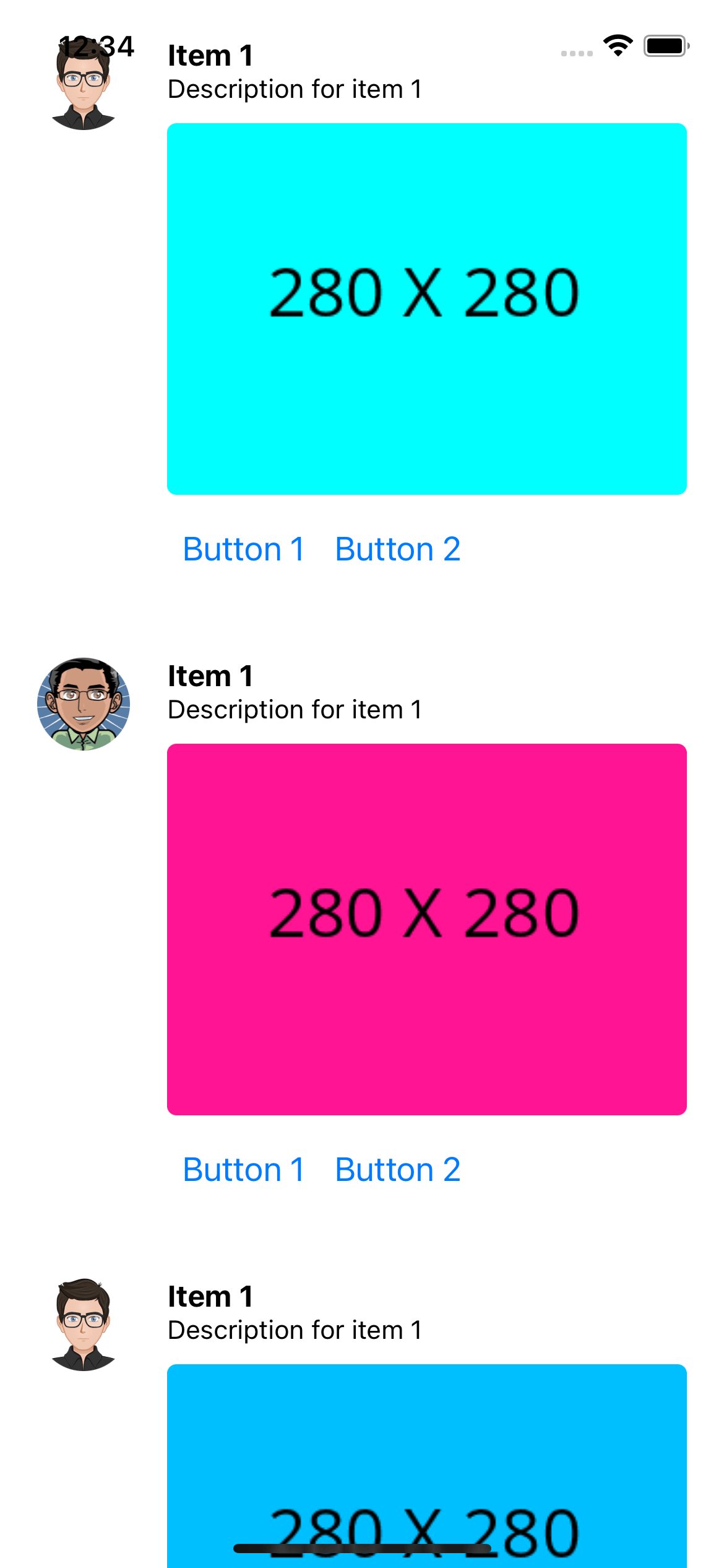 react native UI example. Timeline with tile description image and dynamic buttons