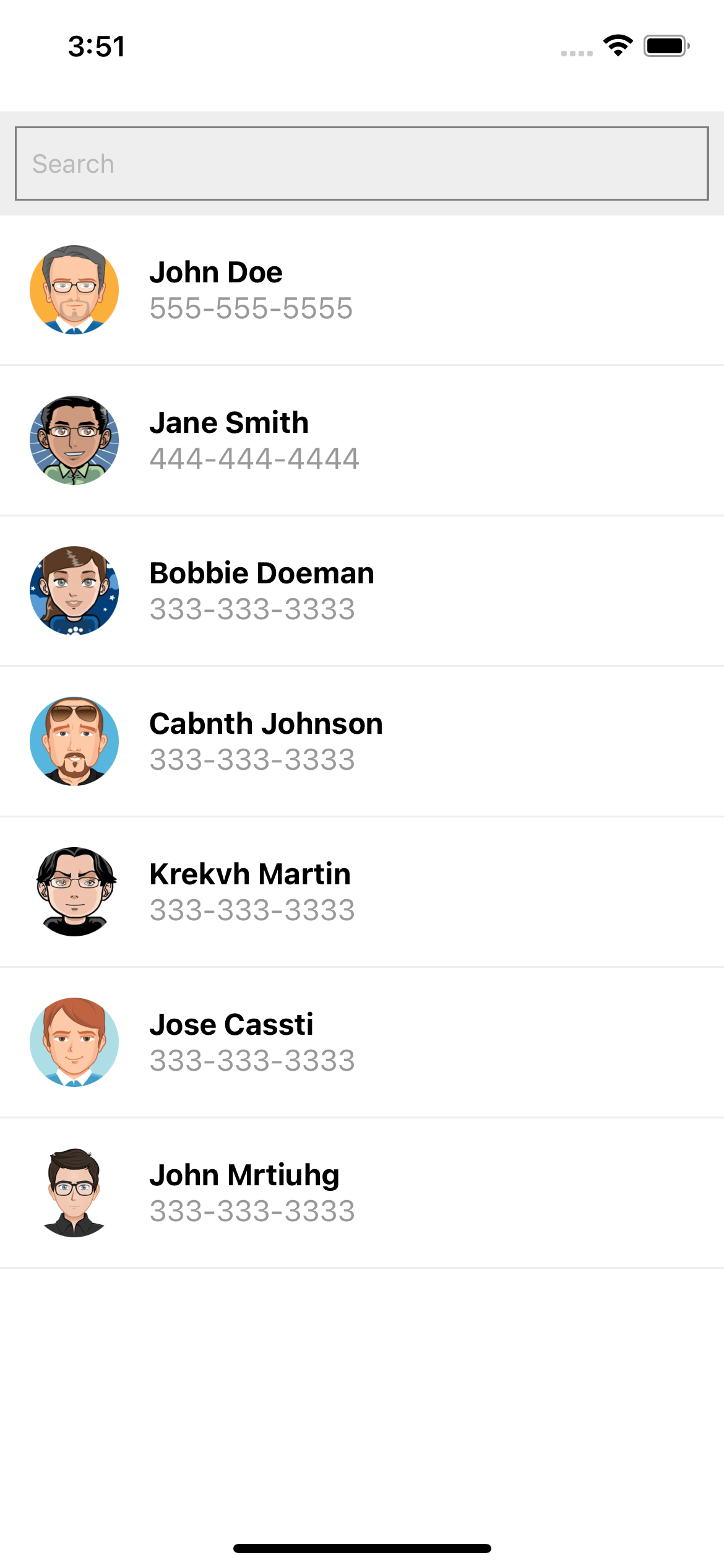 react native UI example. Phone contacts list