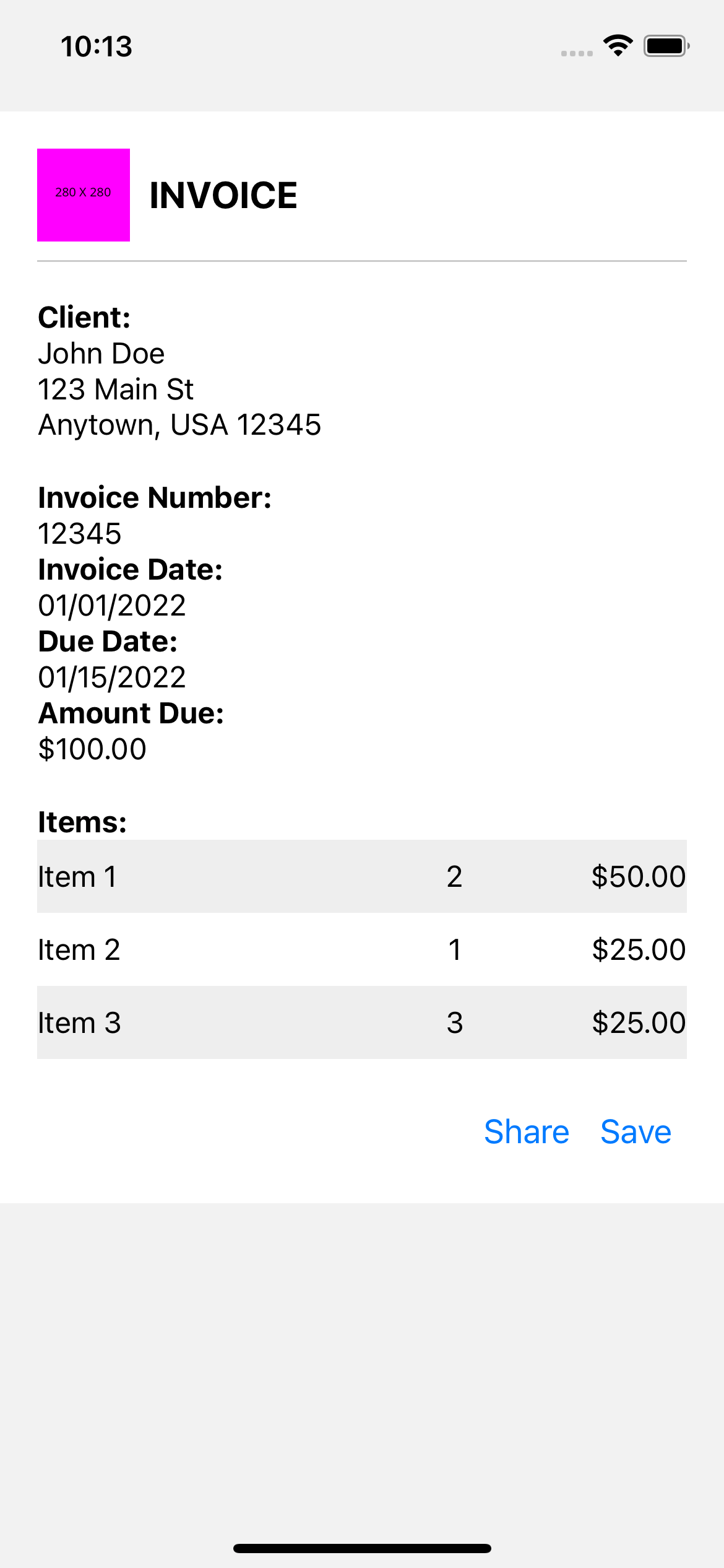 react native UI example. Invoice with logo and styled items