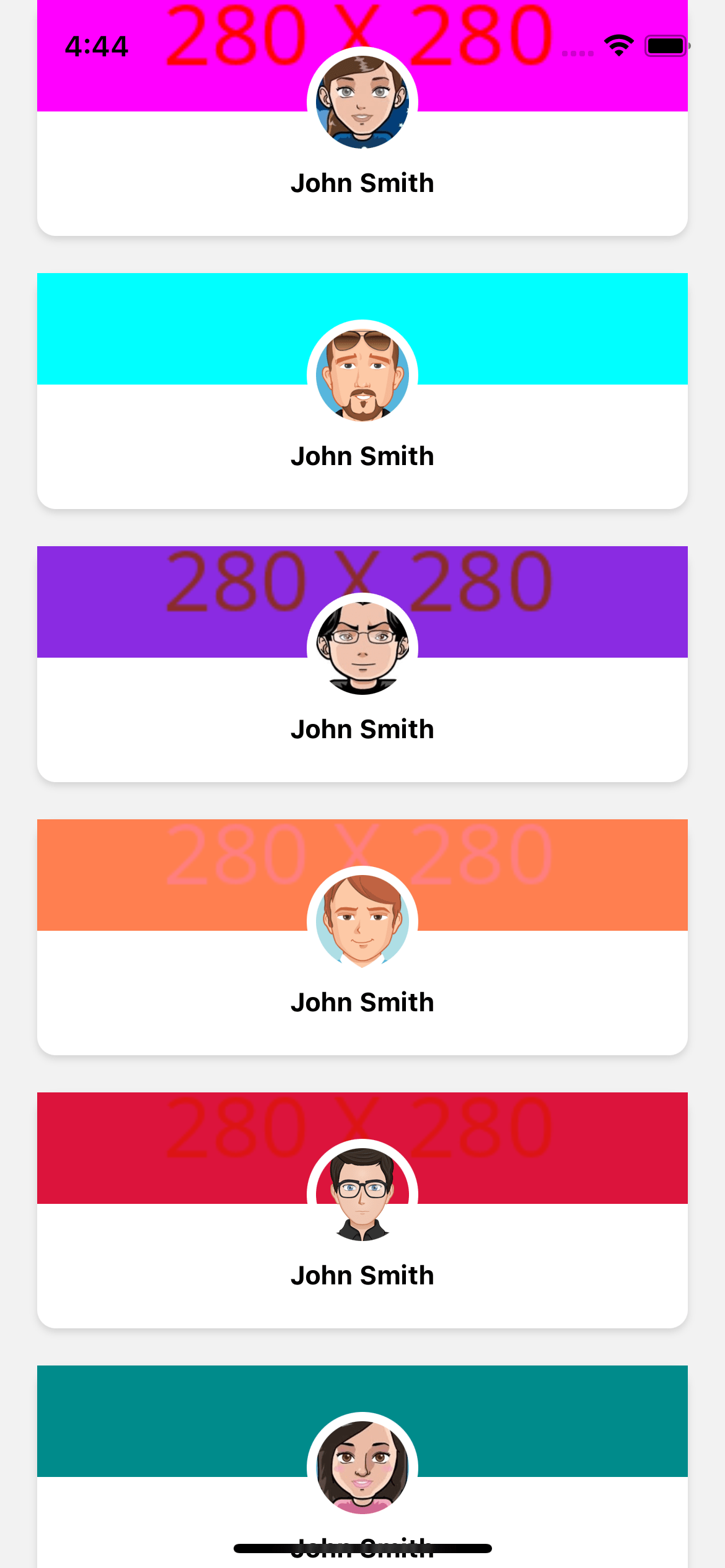 react native UI example. Profile cards with avatar and name