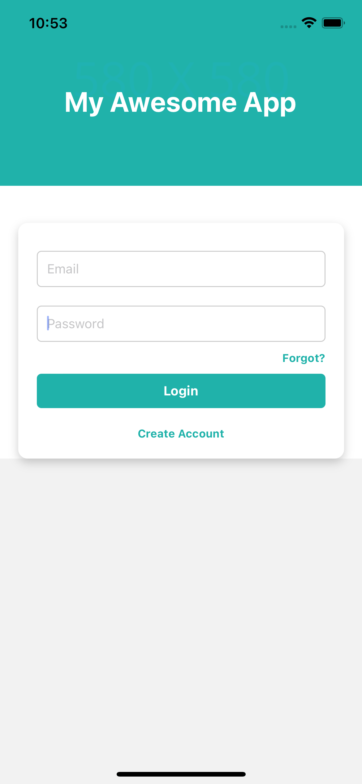 React native template. Login screen with header and input inside a card