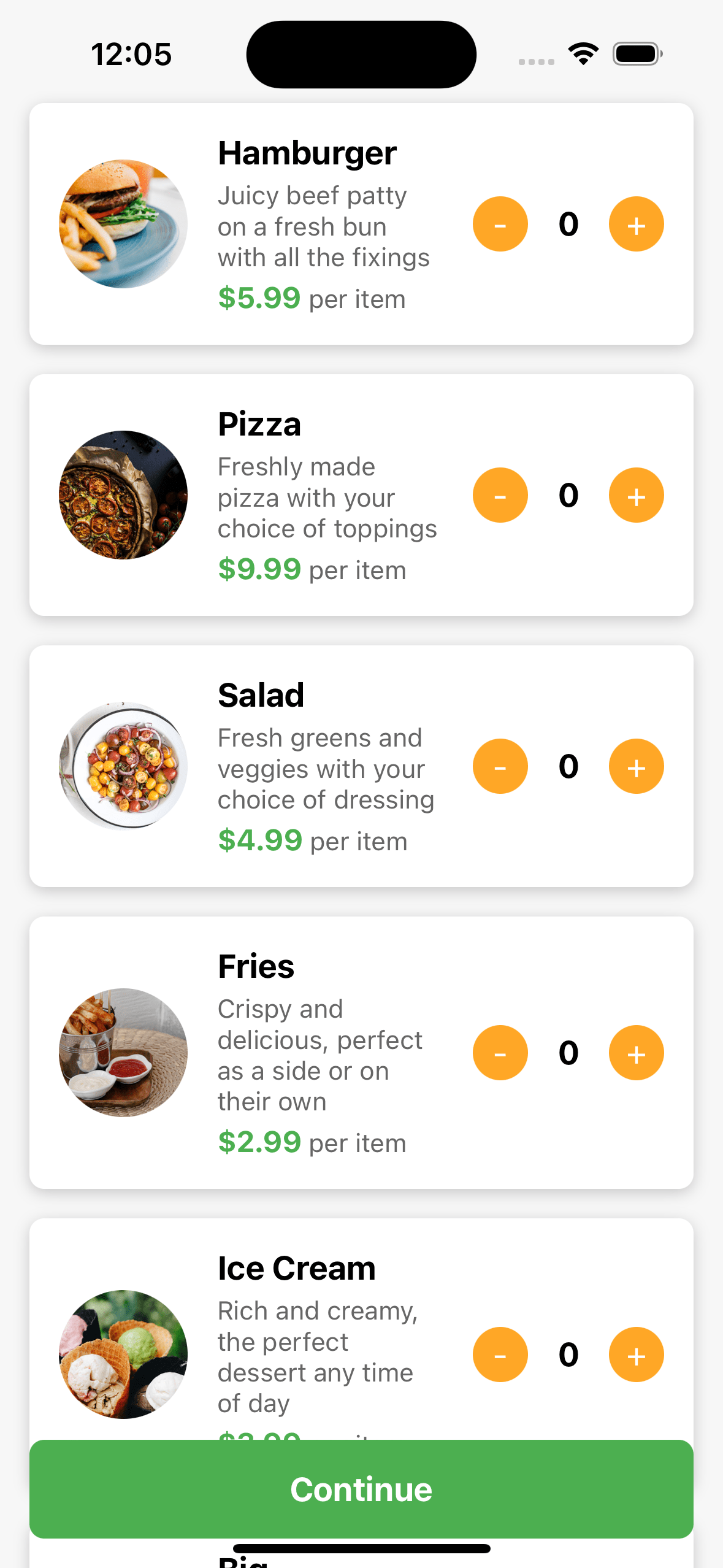 React native template. Restaurant product list with image, name, description, price and action buttons