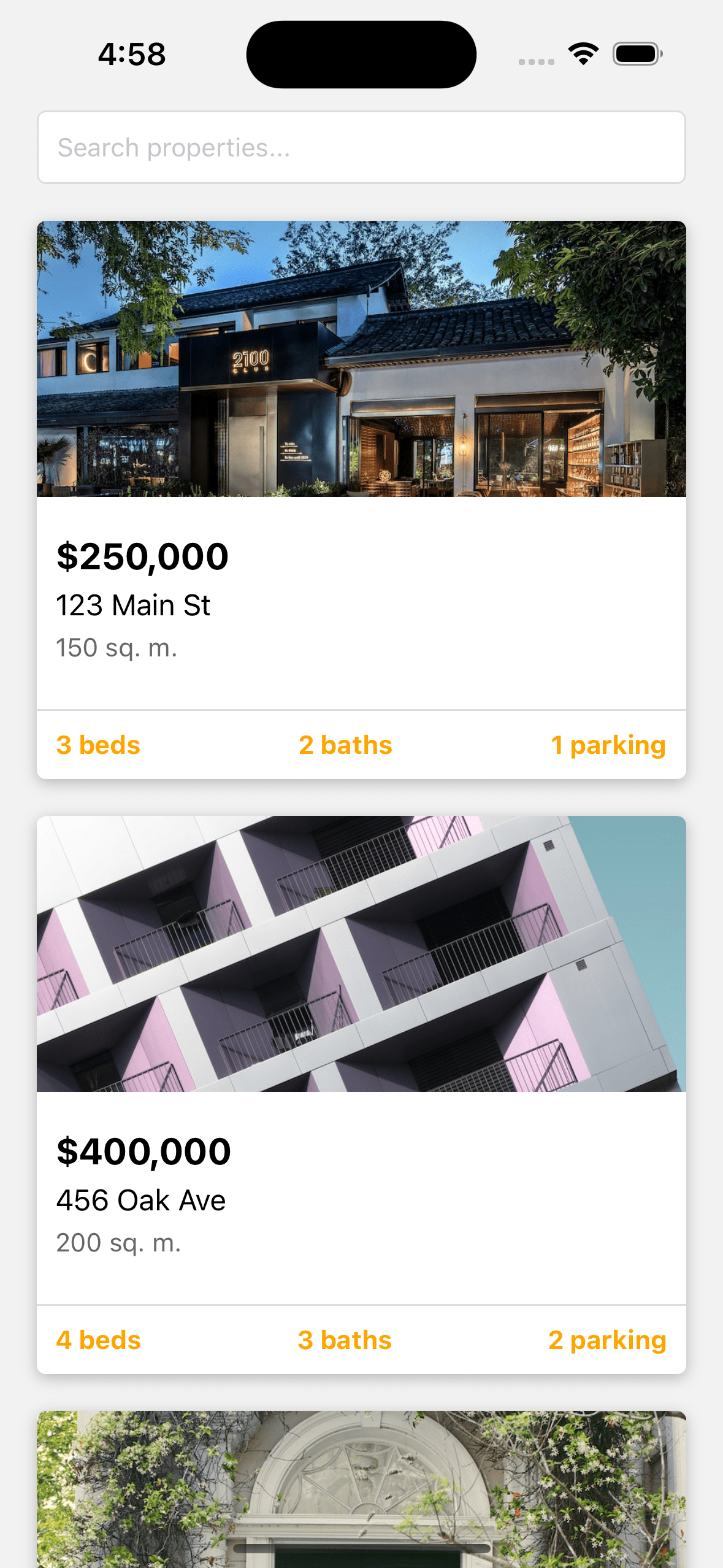 React native template. Real estate property list with image and property details
