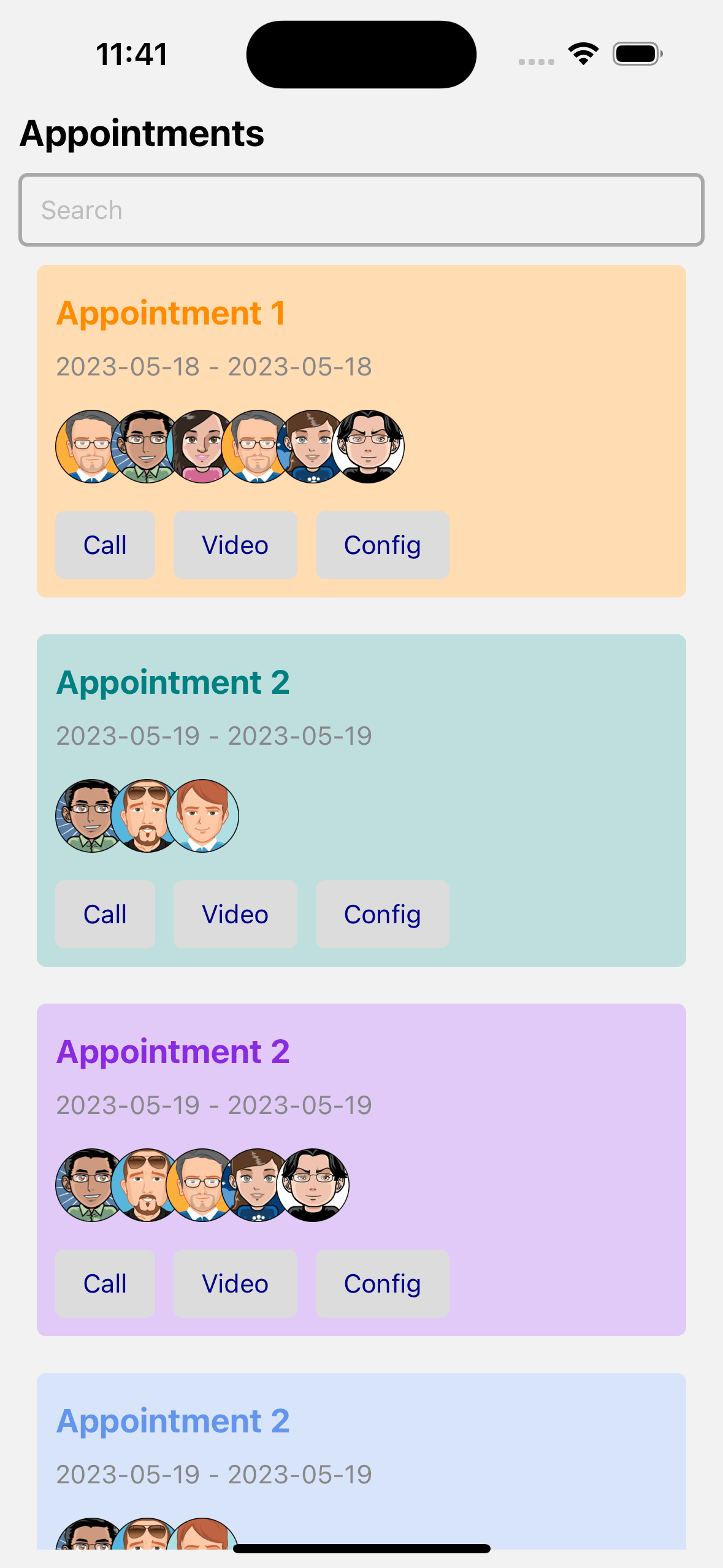 React native template. appointment list with title, dates, attendees and action buttons