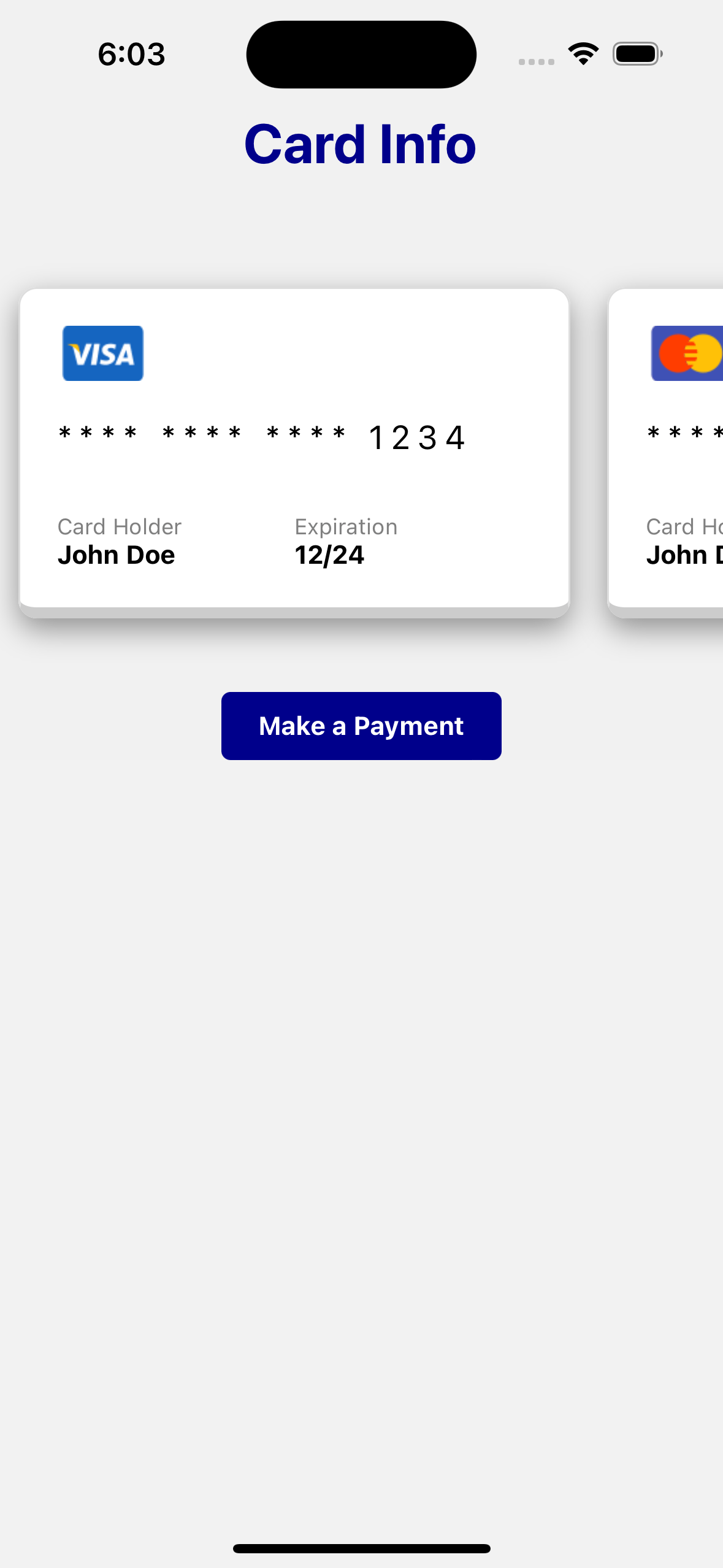 React native template. credit card info